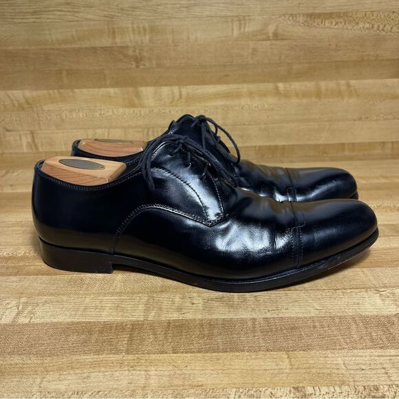PRADA Graphite Patent Leather Dress Shoes Size 8 US 9 2EE black Almond Toe Derby - Picture 1 of 9